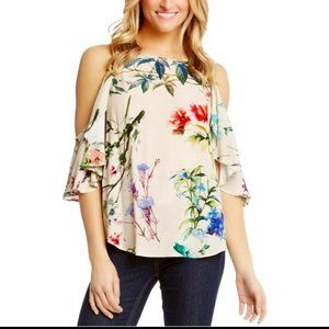 Karen Kane Womens Floral Cold Shoulder Blouse Top Butterfly Sleeve